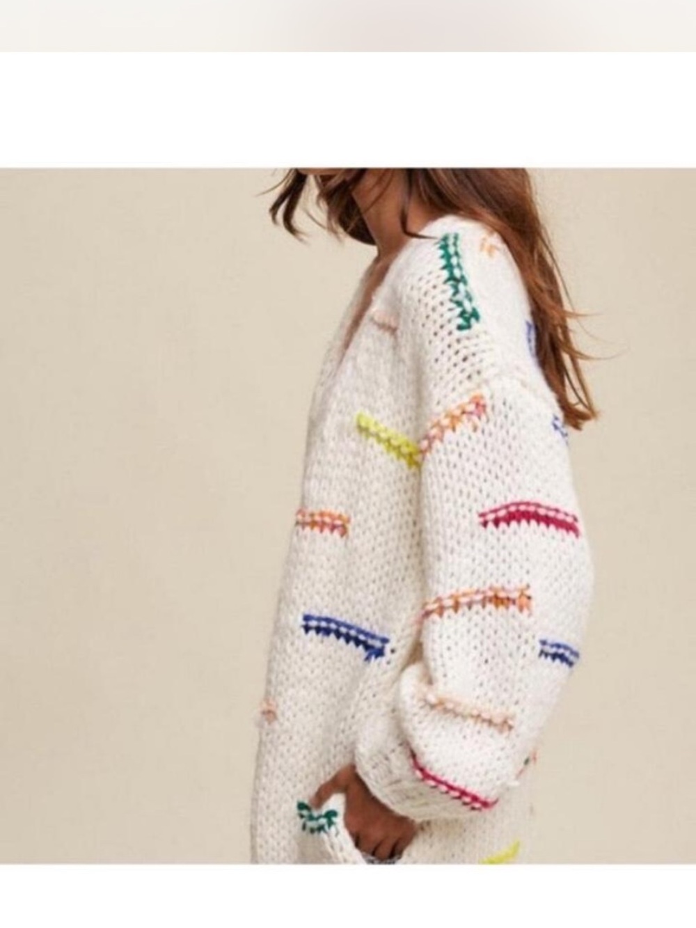 Cozy Cream Chunky Knit Cardigan with Multicolor Stitch Details
